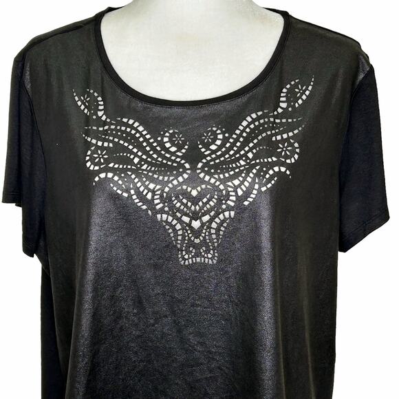 Rock & Republic Faux Leather Mixed Fabric Lazer Cut Short Sleeve Top - Picture 2 of 7